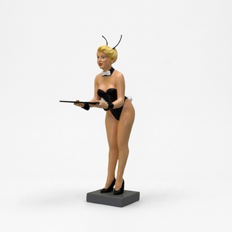 XXL decorative semi-naked waiter woman figure with a tray & bunny ears 133cm