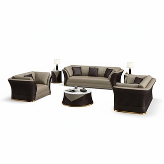 Designer sofa couch upholstery set 6 pieces. Set leather trimmings coffee table table
