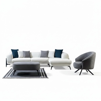 Designer White-Grey Sofa Set Luxury L-Shape Couch Designer Armchair