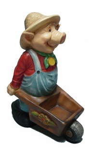 Decorative sculpture designed as an old pig with wheelbarrow 80x62cm sizes