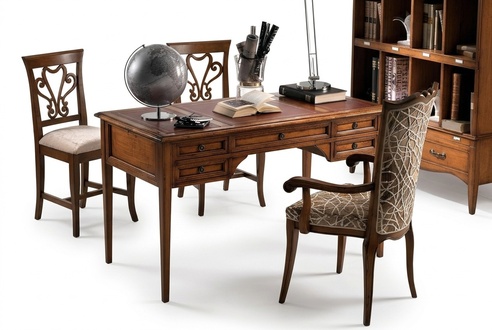 Wooden desk and chair with armrests Bookcase
