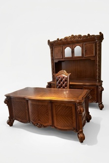 Baroque style made of real wooden set of massive office table & chesterfield armchair