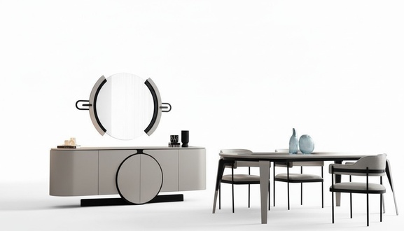 Dining table set with 4 chairs, sideboard, mirror, white