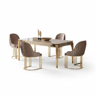 Dining group set dining room dining table chairs beige 5-piece wooden table set