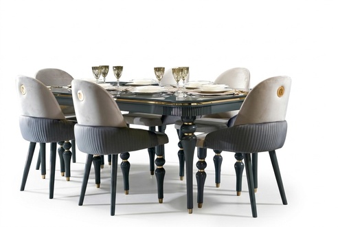 Dining Room Set Lehn Velvet Textile Chair 6x Chairs Group Set Living Wood Real