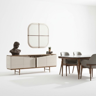 Dining Room Set Beige Sideboard Rectangular Mirror Luxurious Wooden Furniture