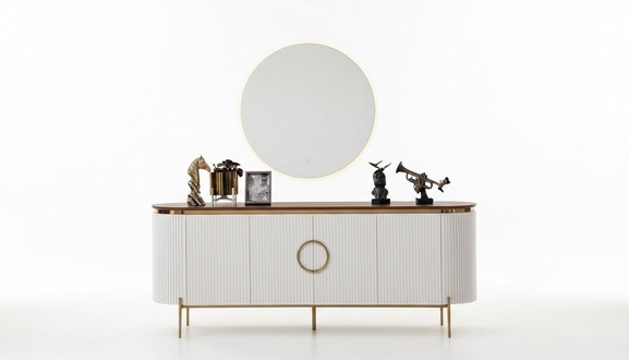 Dining room set consists of sideboard and mirror beige with gold elements