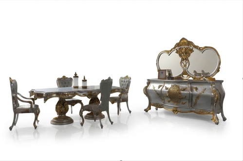 Dining room set Dining area Dining table Chairs Wood Set 9pcs Grey Baroque