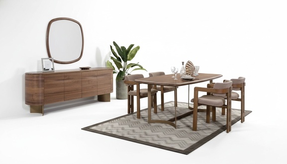 Dining room set dining table 4 chairs sideboard mirror modern set brown dining group