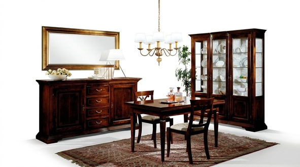 Dining table, 2 chairs, showcase, chest of drawers, mirror, complete dining room set, 6 pieces, new