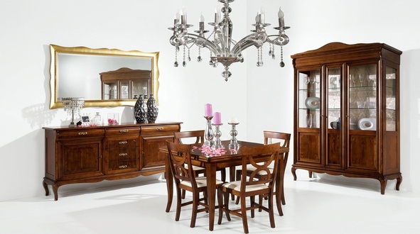 Dining table, 4 chairs, showcase, chest of drawers, mirror, complete dining room set, 8 pieces, new