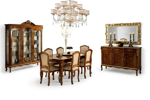 Dining table, 6 chairs, showcase, chest of drawers, mirror, complete dining room set, 10 pieces