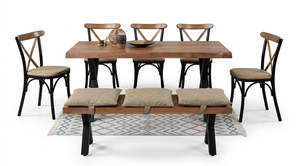 Dining table made of wood and 4 chairs with padded seats and a bench for the dining room.