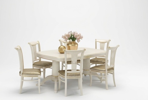 Dining Table Set Table + 6x Chairs Chair Dining Room Set Real Wood Textile 7pcs.