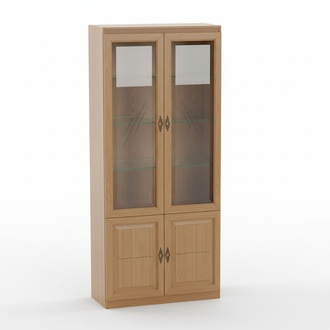 Classic style made of real wooden showcase/cupboard with 4-swing doors & glass shelves, model-ME-1