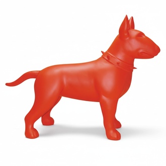 Full red colored decorative sculpture designed as bull terrier figurine 85x100cm