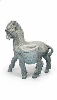 Full silver colored decorative sculpture designed as a donkey with basket figure 80x60cm sizes