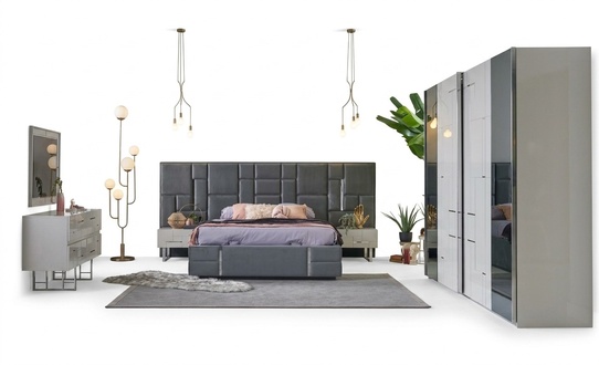 Double Bed Bed Frame Bedroom Gray Wood Set 6 Piece Wardrobe