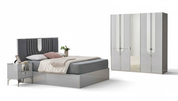 Double bed bedroom complete nightstands bed 4-piece gray wardrobe