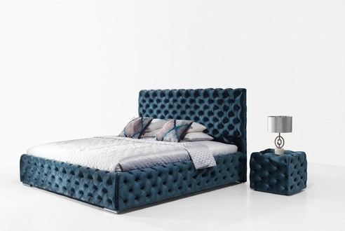 Double Bed Bedroom+_+_ Velvet Beds+_+_ Chesterfield Bedstead Bedside +_Table 3pcs Set