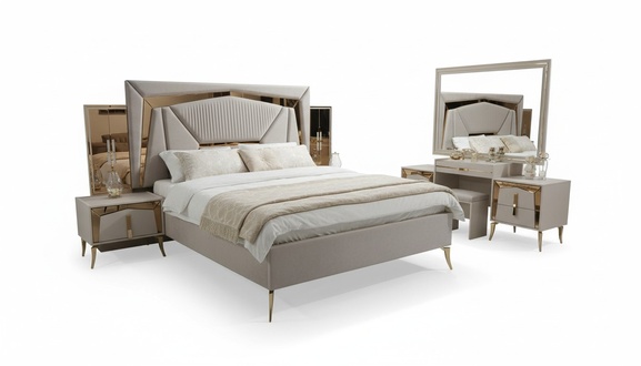 Double bed nightstands with mirror dressing table beige gold bedroom
