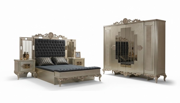 Double bed Chesterfield luxury bedroom set bed 5pcs gold bed