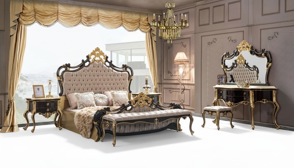 Double bed set Chesterfield luxury bedroom bed 6pcs black bed