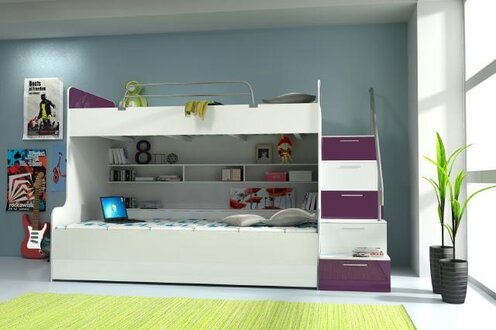 Double Bunk Bed Bunk Bed Bunk Beds B003 RAJ2 3-Piece Purple/ White