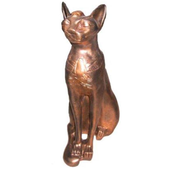 Ancient egyptian decorative figure of bronze colored Bastet cat with hieroglyphs 37cm