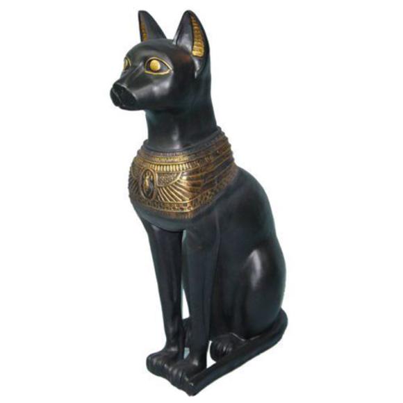 Black colored decorative figure of ancient egyptian cat bastet with golden hieroglyphs 80cm