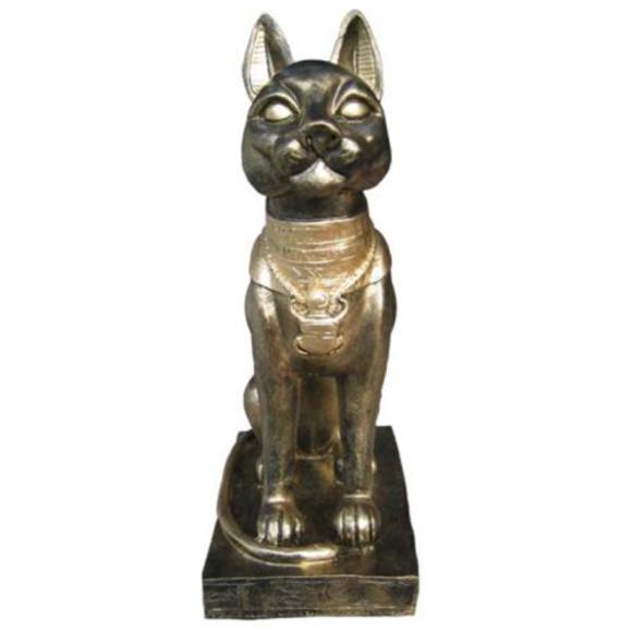 Golden colored decorative figure of ancient egyptian cat bastet with scarab necklace 39cm