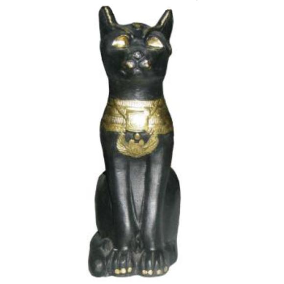 Ancient egyptian decorative figure of black colored miniature cat bastet with a golden scarab necklace 18cm