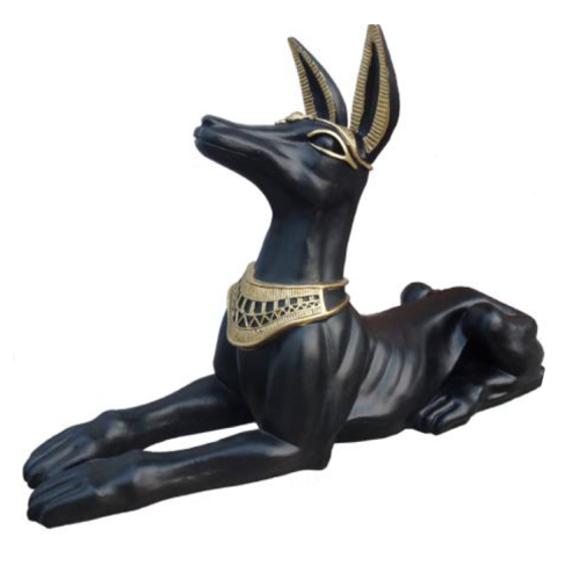 Black colored decorative sculpture of ancient egyptian sitting anubis figure with golden necklace 52cm