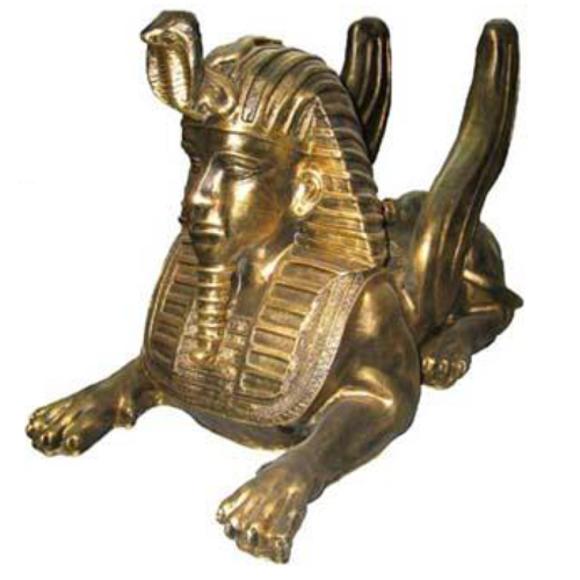 Decorative sculpture of full golden colored ancient egyptian sphinx with wings 42cm