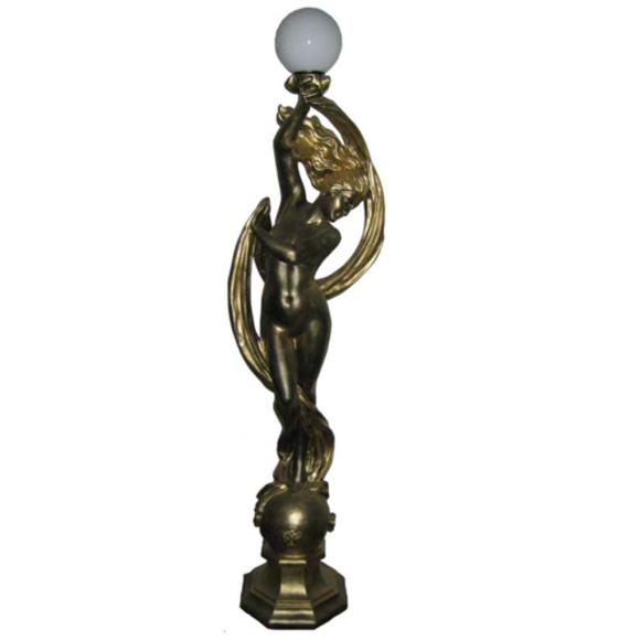Decorative lamp designed as semi-naked bronze lady sculpture 172cm height