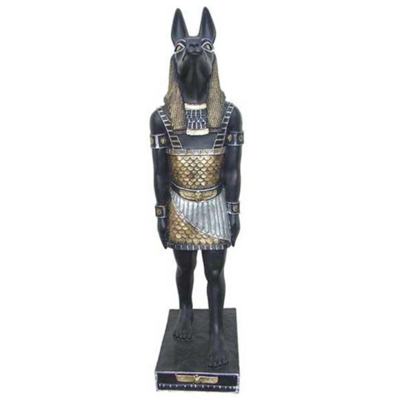 Ancient egyptian decorative sculpture designed as a black colored anubis in a golden suit 100cm