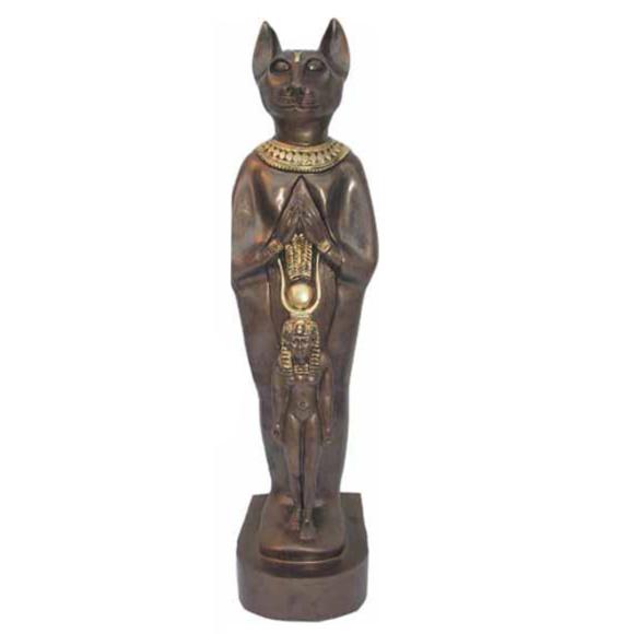 Bronze colored ancient egyptian decorative figure of cat bastet with miniature pharaoh 39cm