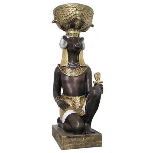 Ancient egyptian decorative sculpture of goddess khnum with a golden bowl 74cm