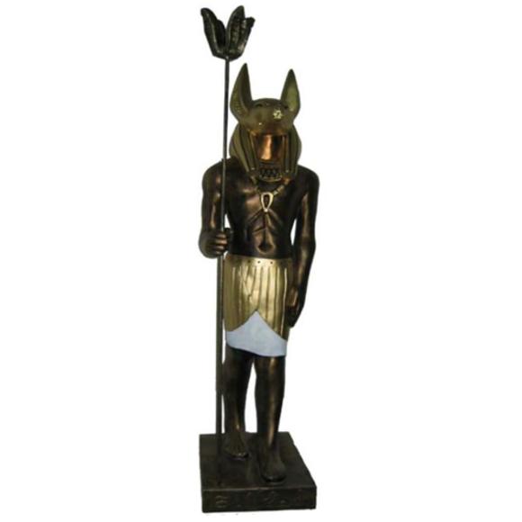 Ancient egyptian decorative sculpture of brown anubis with golden decorations 135 cm