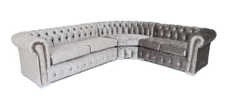 Chesterfield Corner Sofa L-Shaped Silver Grey Velvet Upholstered Couch Classic Design