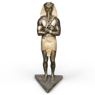 Decorative ancient egypt sculpture of golden Ramses II figure 190 cm height