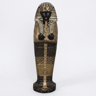 Ancient egyptian decorative sculpture designed as a golden black colored tutankhamun sarcophagus 117cm