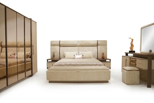 Elegant bedroom set in beige made of wood with a stylish design.