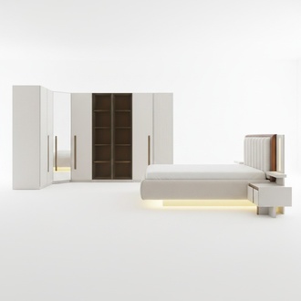 Elegant bedroom set made of wood in beige tones with a stylish...