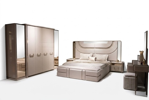 Elegant wooden bedroom set in beige with a modern design.