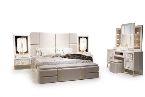 Elegant wooden bedroom set in beige with bed and nightstands.