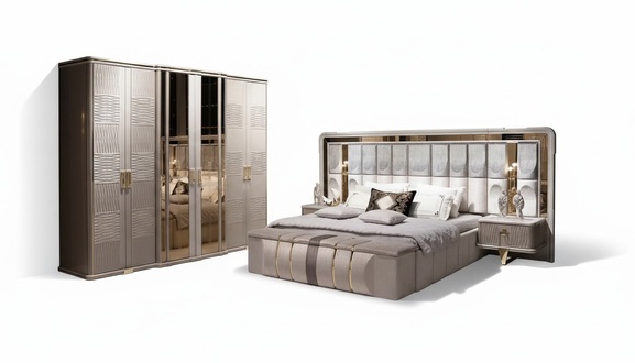 Elegant wooden bedroom set in beige with a modern design.