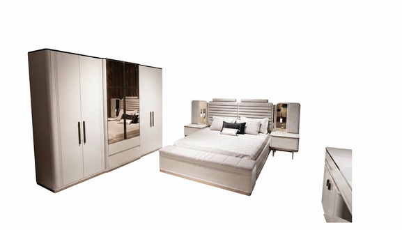 Elegant wooden bedroom set in beige with mirror and storage space.