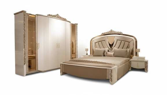 Elegant wooden bedroom set in beige with a modern design.