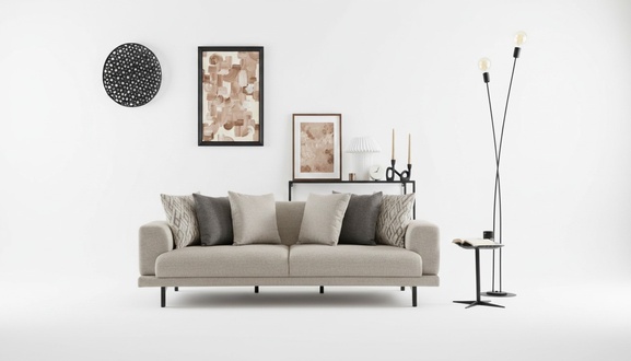 Elegant beige 3-seater sofa made of wood with a modern design.
